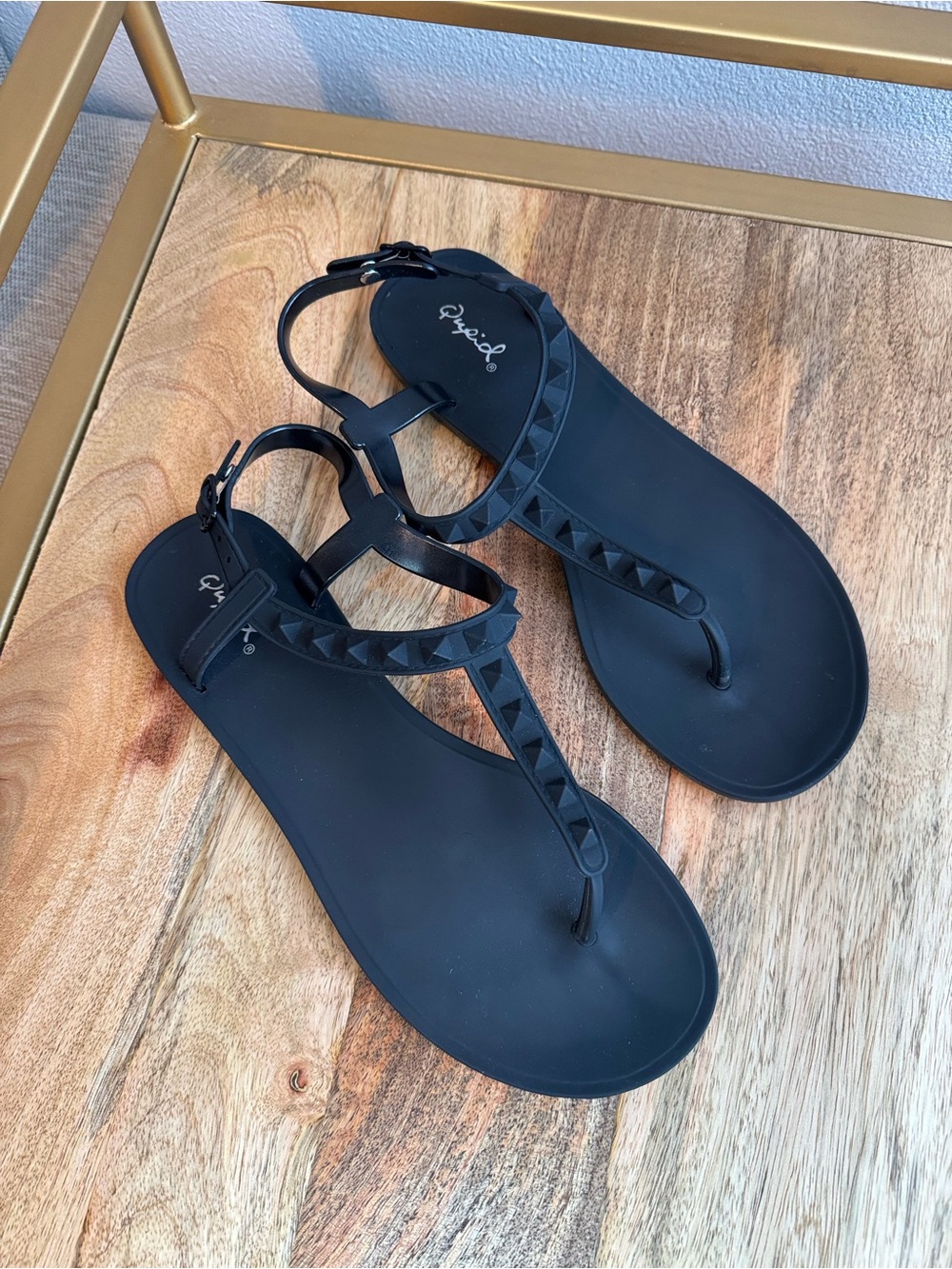 Black Studded T-Strap Sandals -